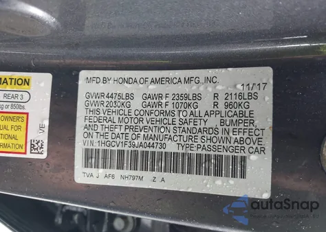 2018 Honda Accord Sport z USA, uszkodzony, nr VIN 1HGCV1F39JA044730